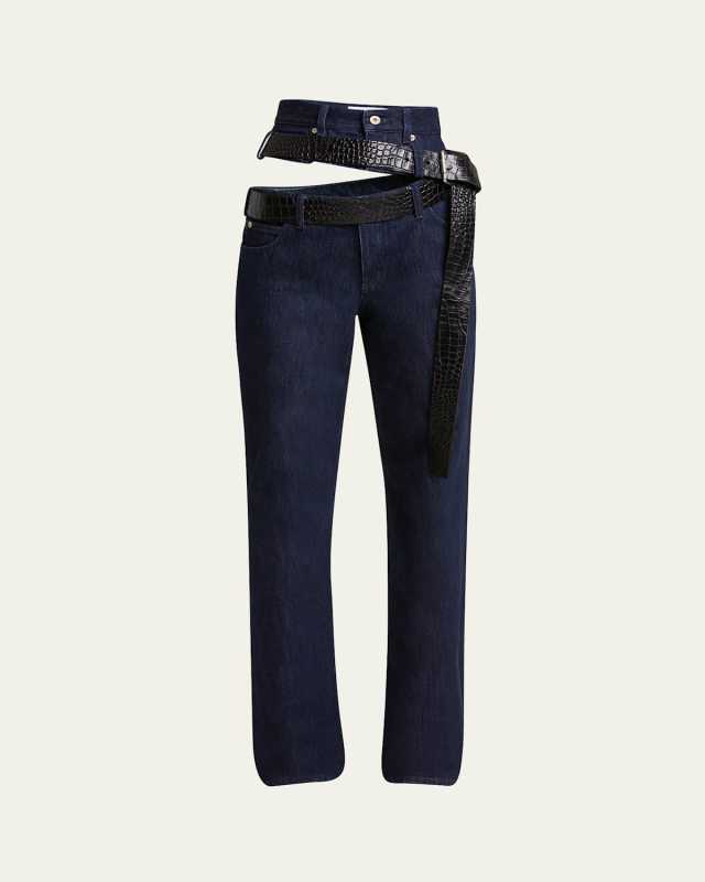 Cutout Leather Belted Jeans